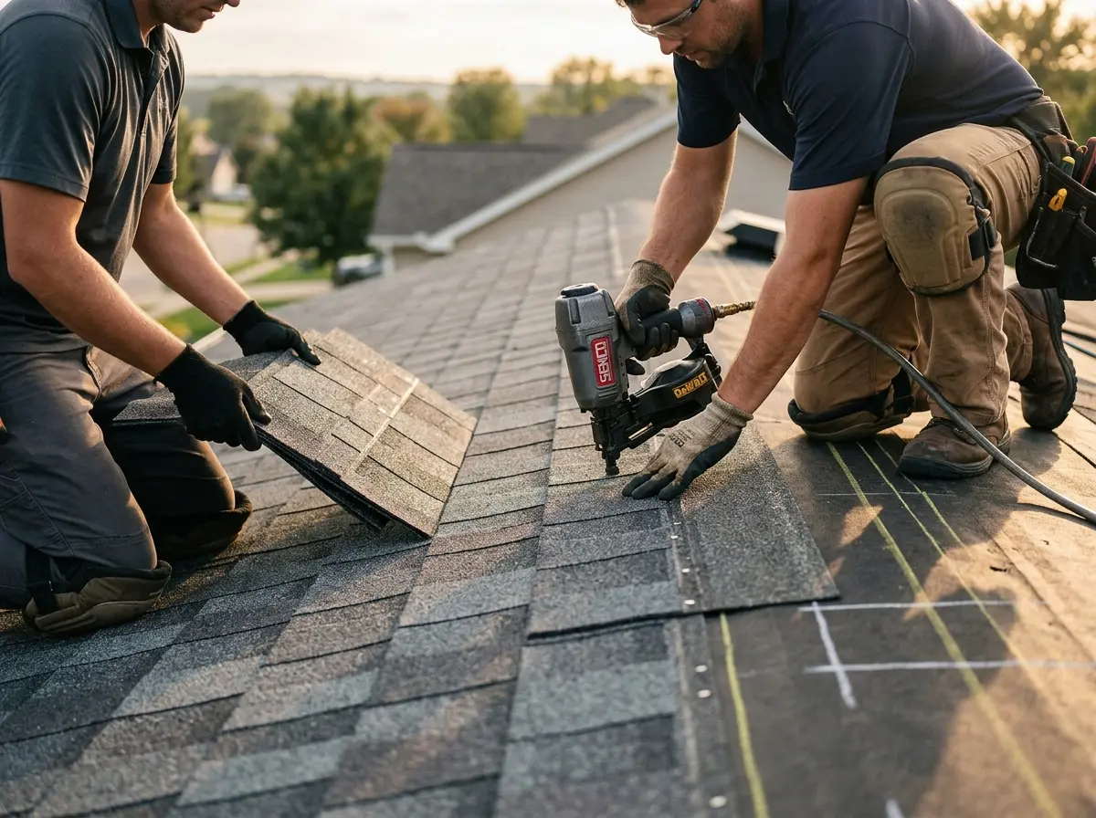 Professional roofer working on a residential roof in Carencro